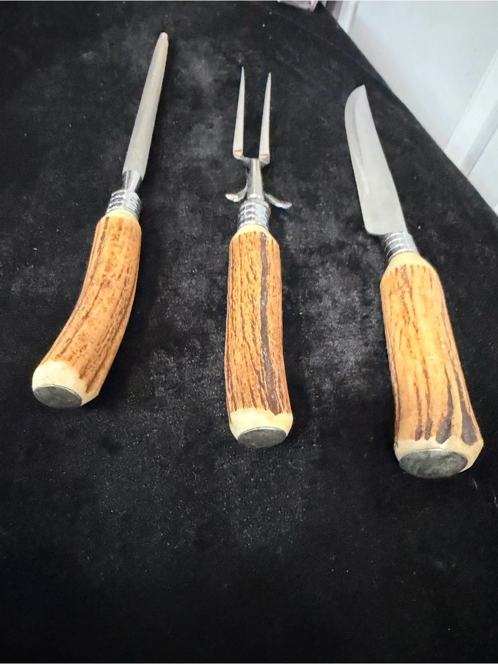 Vintage Sheffield Carving Set Rusnorstain Steel & Bone Brown Handles
